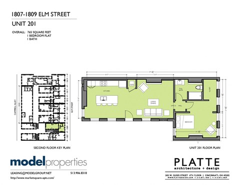 Floor plan for 1 bed, 1 bath, 765 sqft